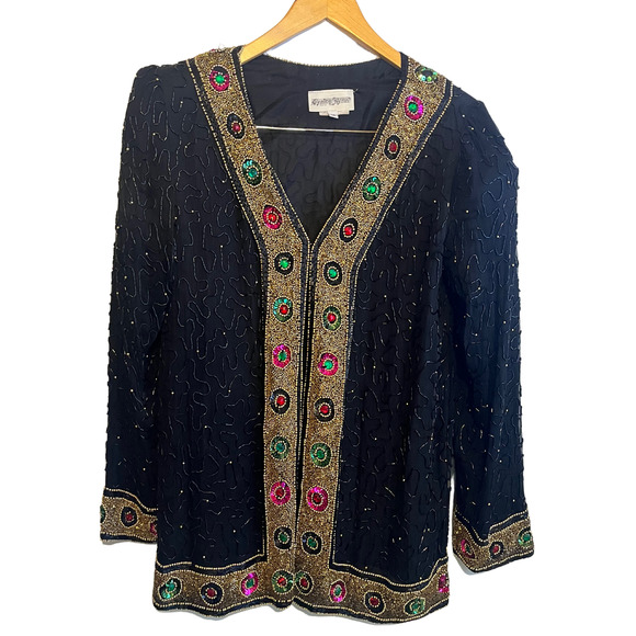Vintage 80s Silk Beaded and Sequins  Open Front Jacket - Picture 4 of 12